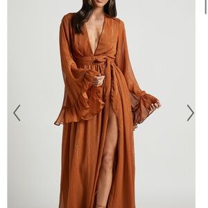 Showpo DANGEROUS WOMAN MAXI DRESS - PLUNGE THIGH SPLIT DRESS IN RUST